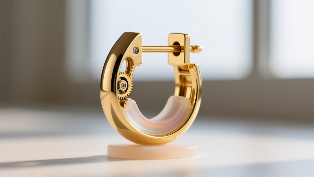 Macro photography of a gold omega paddle-back earrings clip mechanism showing the wide hinge and clear silicone comfort pad detail