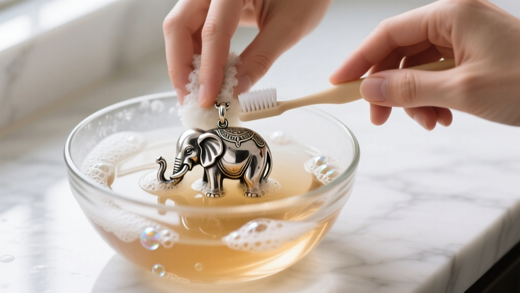 Hands gently scrubbing a tarnished silver elephant pendant with a soft baby toothbrush in a glass bowl of warm soapy water