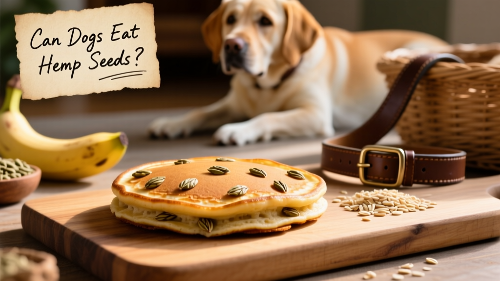 Homemade dog treat with visible hemp hearts baked into a soft, golden pancake