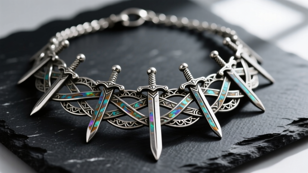 Macro photography of an oxidized sterling silver necklace featuring intersecting miniature swords, resting on a dark slate surface.