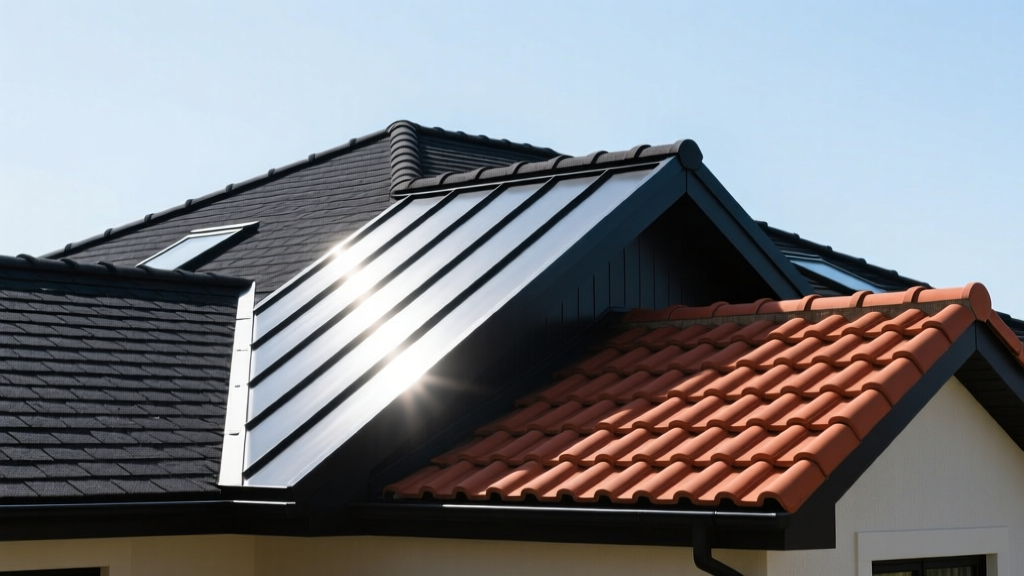 Residential roof featuring dark asphalt shingles, standing seam metal panels, and terracotta clay tiles under bright sunlight.
