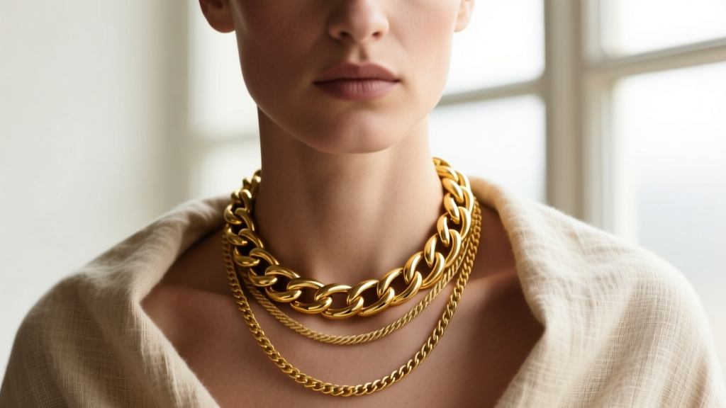 A person wearing a layered 14k yellow gold Figaro chain and a delicate cable chain, highlighting contrasting textures on linen.