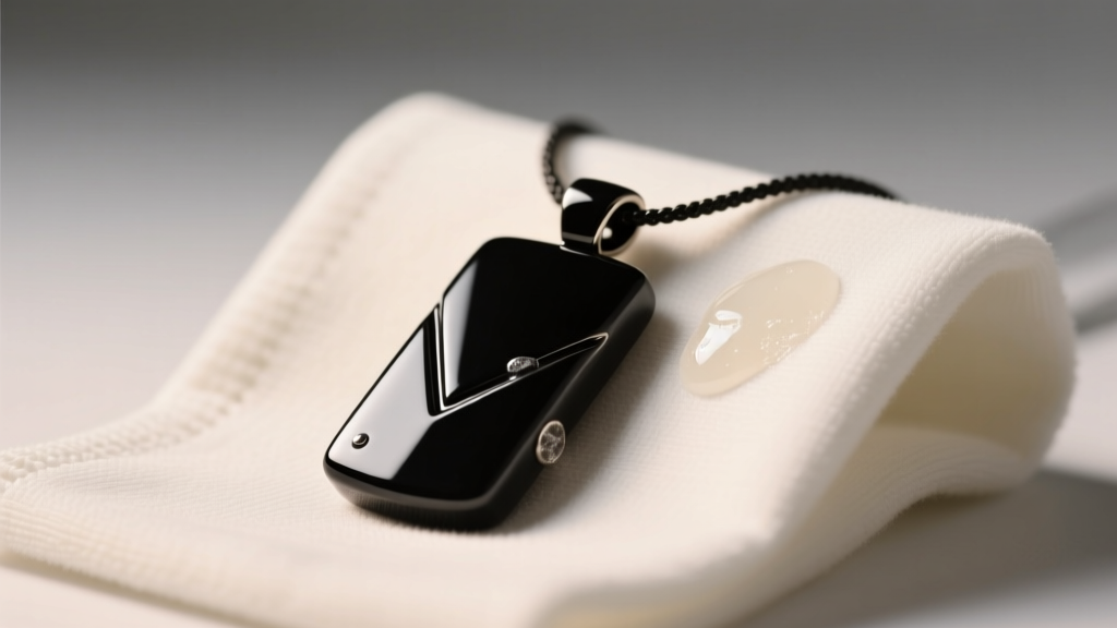 Black ceramic long distance touch necklace pendant on a microfiber cloth with mild soap, illuminated by soft, warm studio lighting.