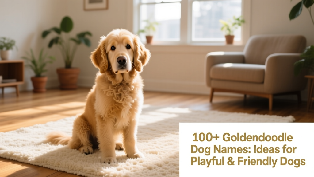 A relaxed adult Goldendoodle sitting calmly on a cozy rug, gazing softly at the camera with expressive eyes