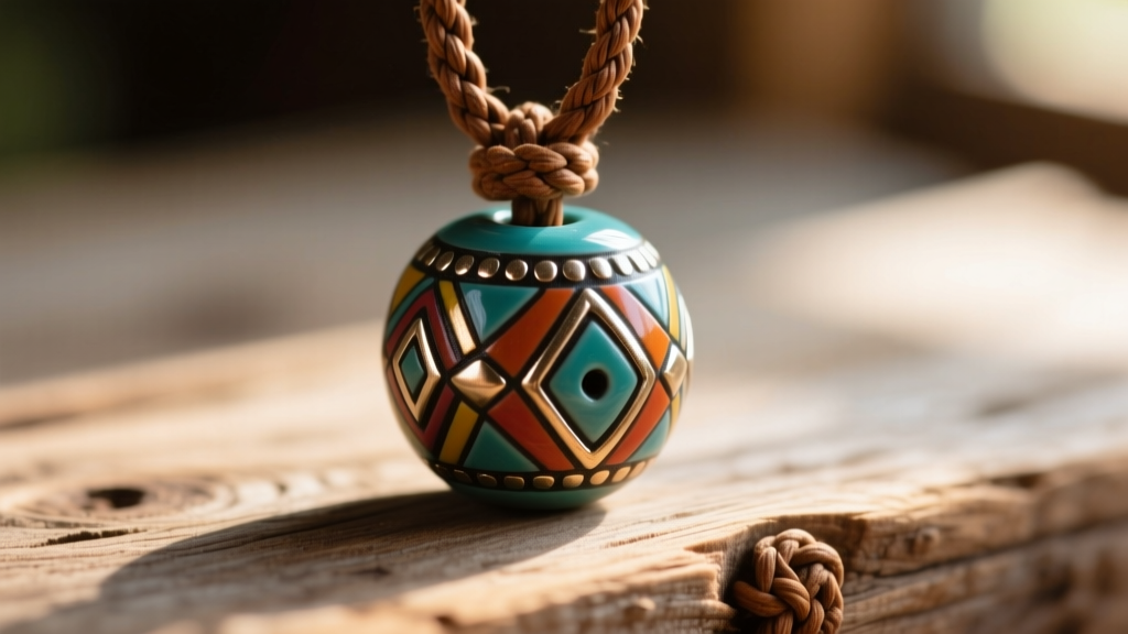Close-up of a painted polymer clay camp bead on a braided leather cord, resting on rustic wood under soft natural lighting.