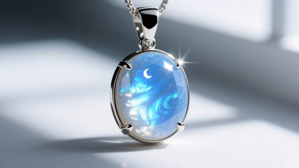 Close-up of a blue sheen moonstone cabochon set in a bezel pendant, highlighting internal adularescence and soft light scattering