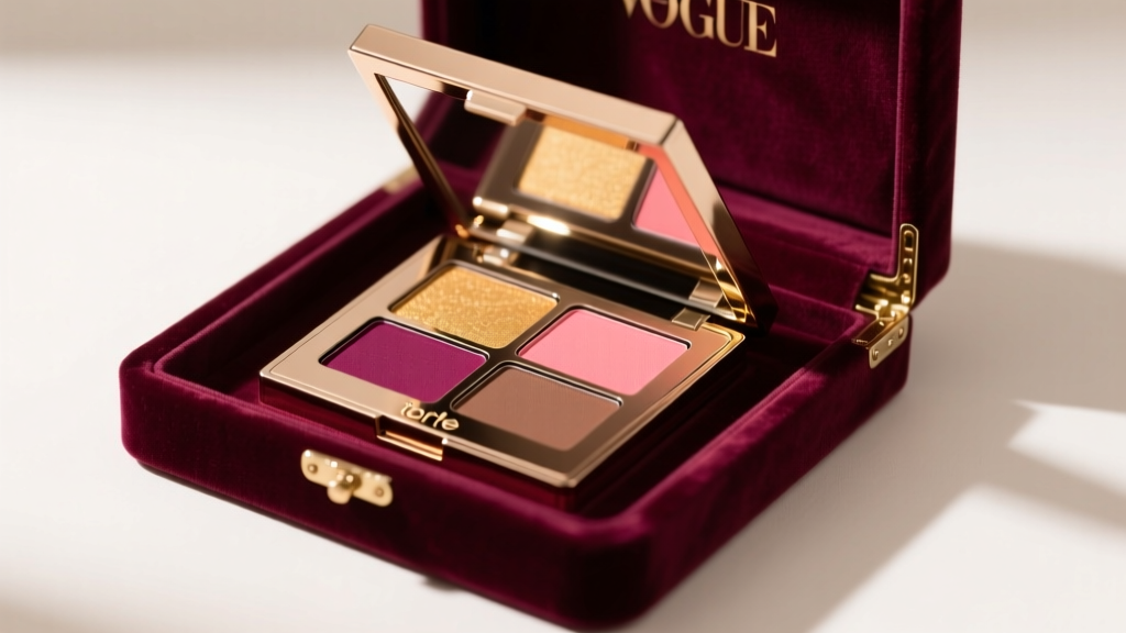 Tarte cosmetics book-shaped palette resting inside a velvet-lined jewelry box, illuminated by soft, warm studio lighting.