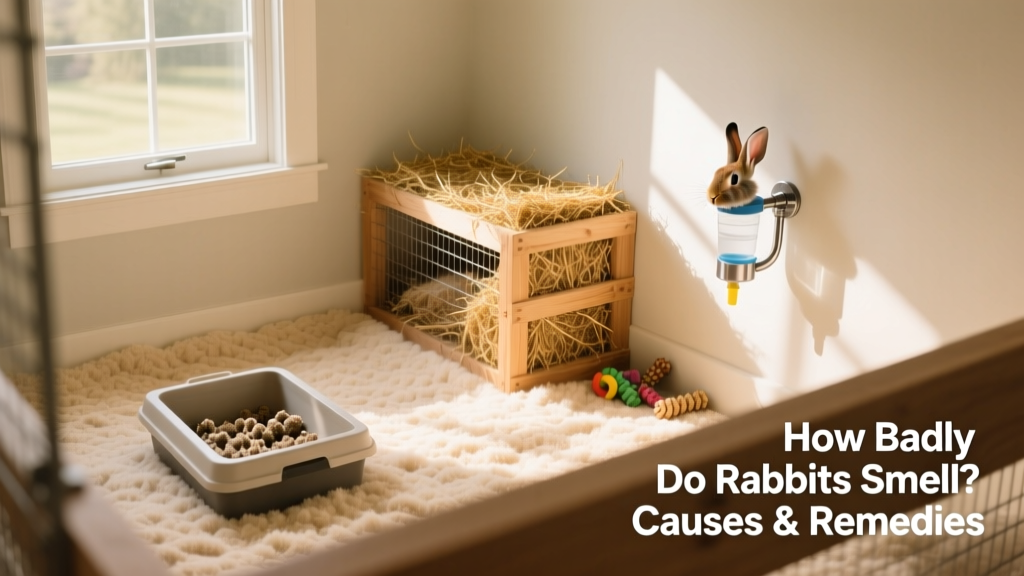 A clean, spacious indoor rabbit enclosure with fresh bedding, a litter box, and hay rack