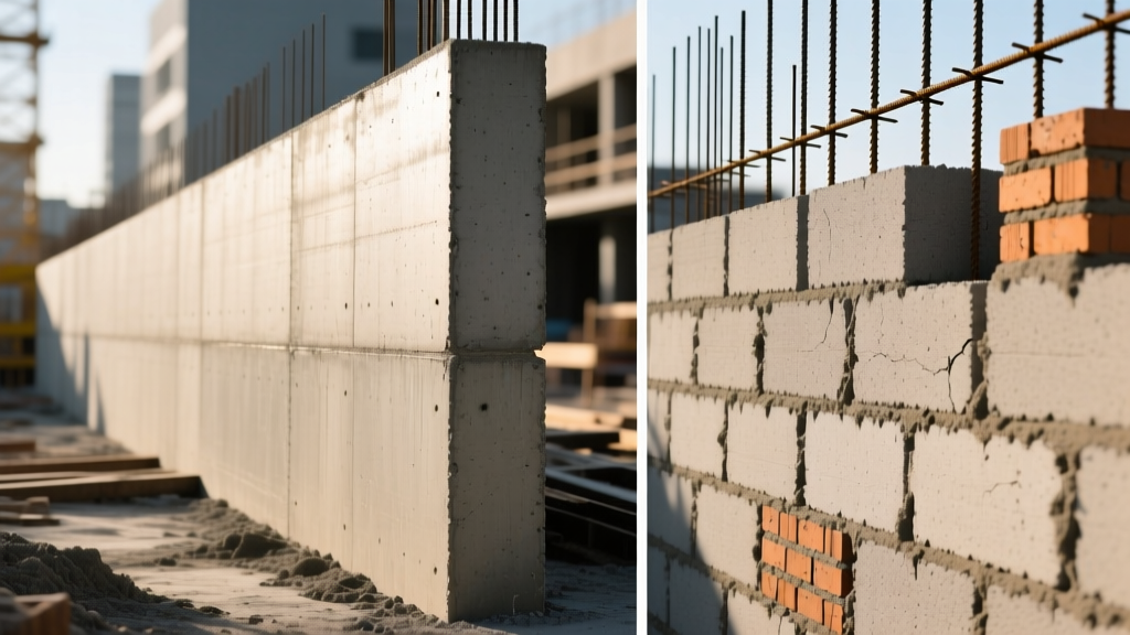 Side-by-side construction site showing a finished poured concrete foundation wall next to a partially built CMU block wall with rebar