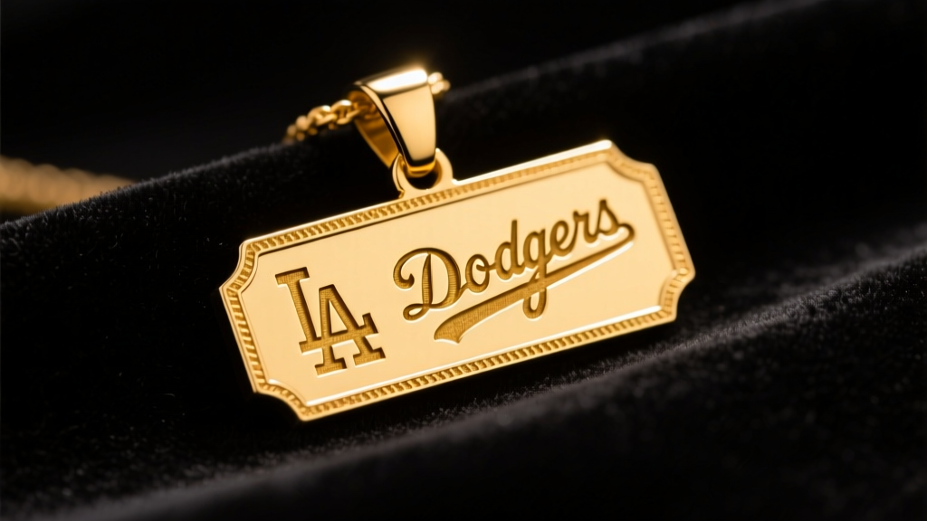 Custom 14k yellow gold Dodgers baseball nameplate pendant resting on dark velvet under warm, focused studio lighting