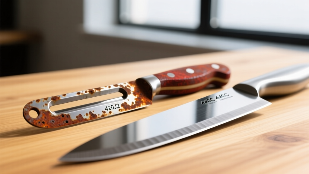 Close-up macro shot comparing a rusted 420J2 stainless steel peeler blade next to a pristine, sharp 440C high-carbon steel mandoline blade on wood