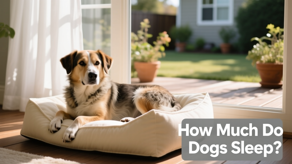 A relaxed dog resting on a cushioned dog bed beside a window.