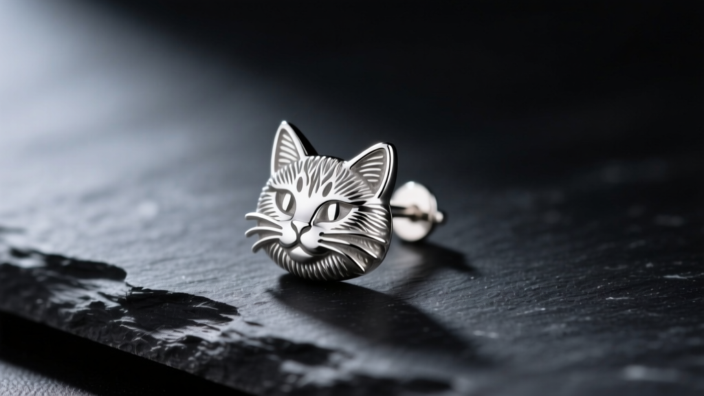 Macro shot of a 925 sterling silver cat stud earring on dark slate showing intricate cast ear details under soft light.