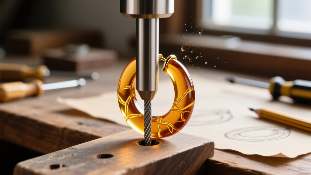 Macro view of a titanium post inserted into a drilled hole on an amber lucite hoop earring resting on a wooden jeweler's bench.