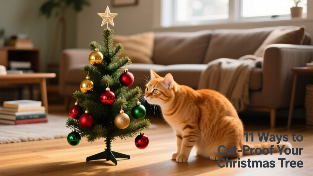 A curious cat sniffing a small, anchored artificial Christmas tree decorated with shatterproof ornaments and placed away from furniture