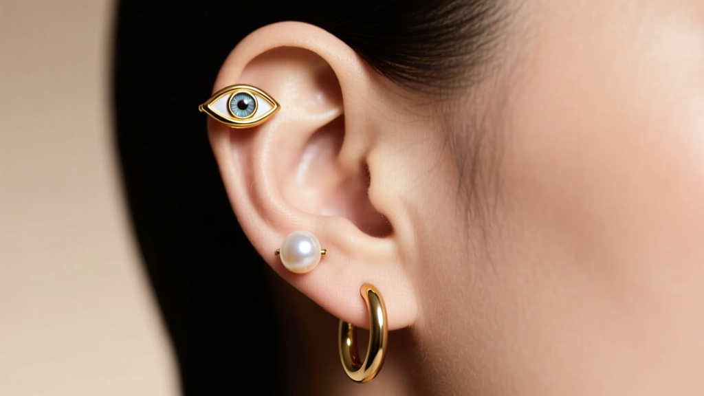 Side profile of a curated ear featuring an 18g gold evil eye stud in the helix, paired with a pearl lobe stud and huggie hoop.