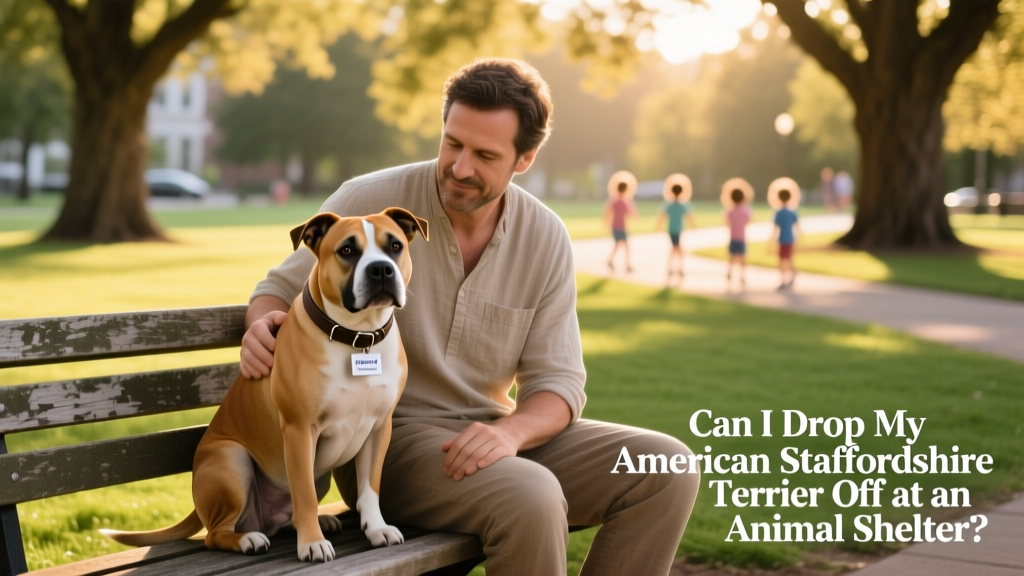 A calm, well-groomed American Staffordshire Terrier sitting beside a person on a grassy park bench
