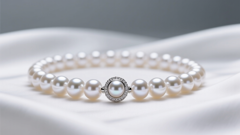 Akoya pearl strand with a Pt900 clasp on white silk, using soft studio lighting to emphasize bright mirror-like surface reflections.