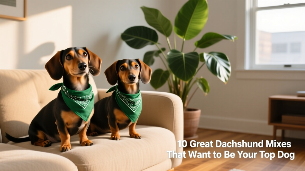 two doxiepoos wearing green bandanas sitting on a couch next to a houseplant