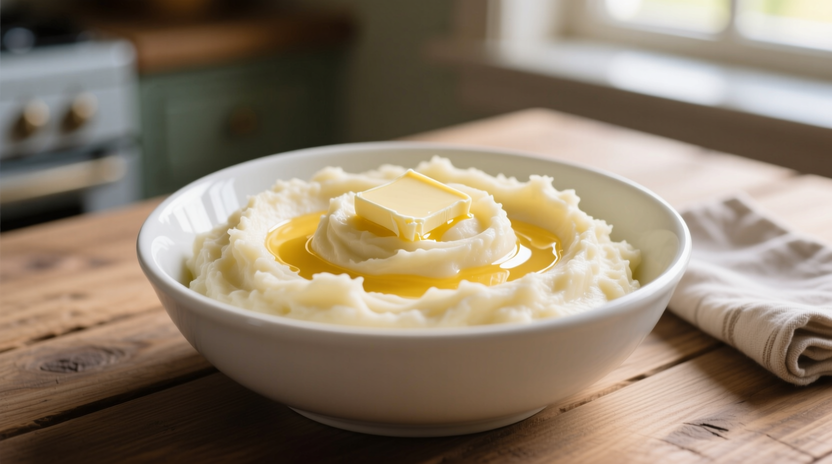 Creamy mashed potatoes in white bowl with butter melting