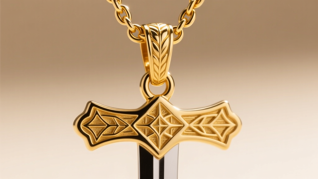 Close-up of gold vermeil Master Sword pendant showing intricate crossguard details and a sturdy wheat chain attachment loop.