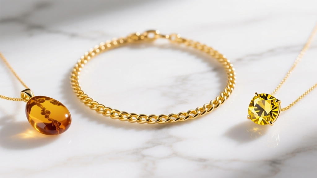 Flat lay of three yellow necklaces: a 14k gold rope chain, an amber pendant, and a yellow sapphire solitaire on white marble.