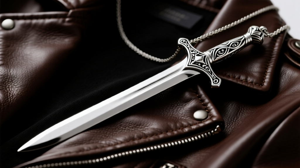 Sterling silver Buster Sword pendant necklace resting on a dark leather jacket, moody studio lighting, sharp macro focus on the hilt