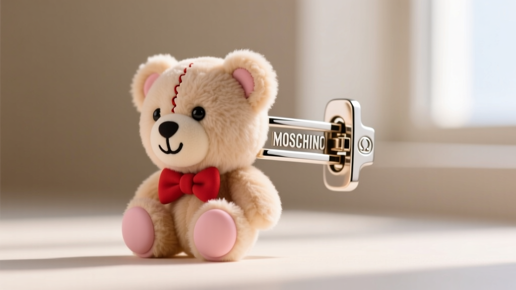Side profile of a Moschino teddy bear clip-on earring, showing the padded omega clip hinge and silicone grip pads for ear support.