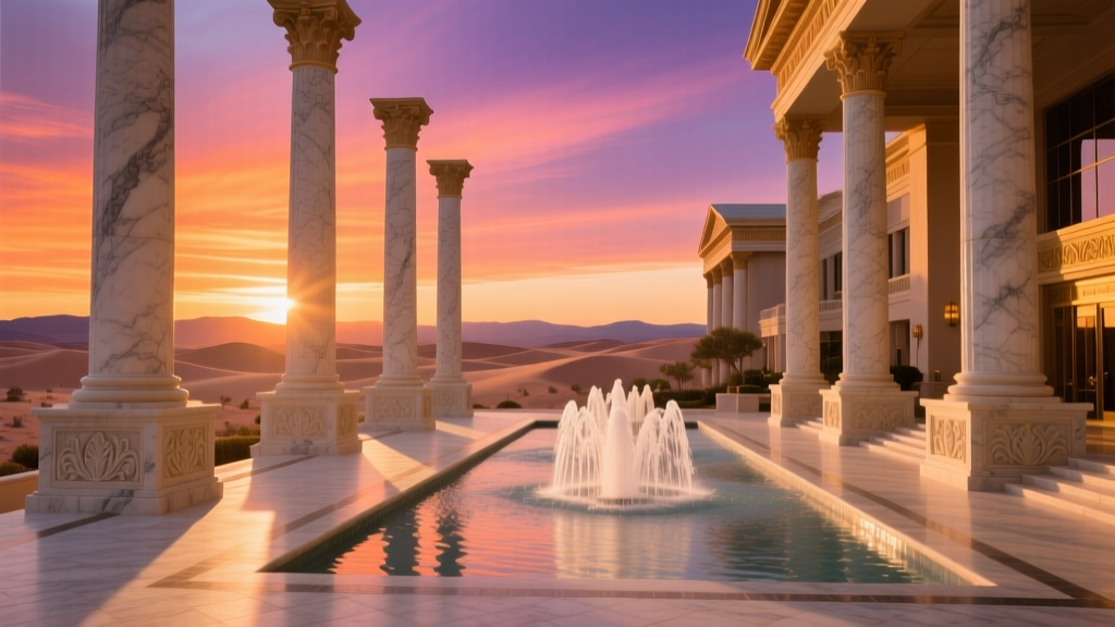 Grand Roman-themed luxury casino resort with towering marble columns and fountains set against a vibrant Nevada desert sunset