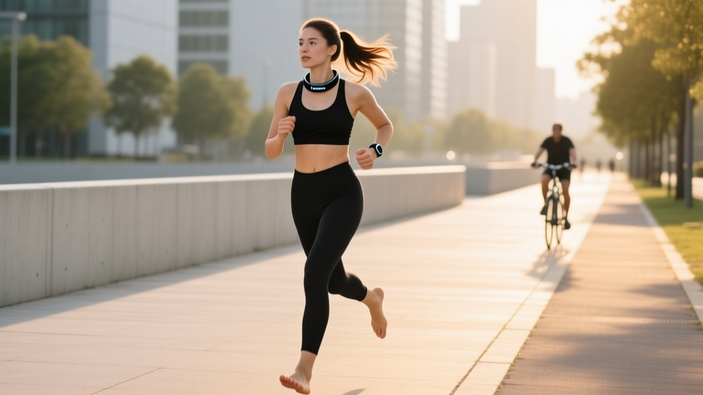 Side profile of a woman wearing a black silicone Fitbit Inspire necklace adapter resting against her sternum during a morning jog.
