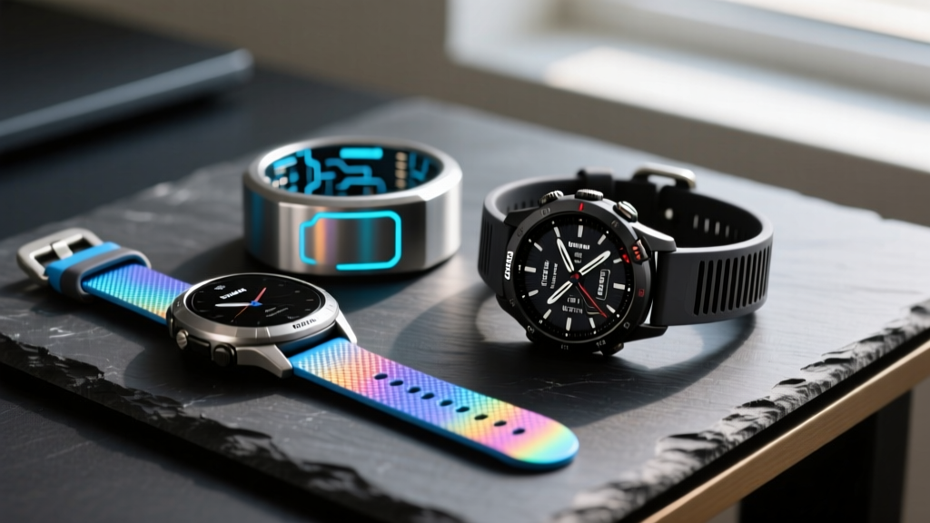 Macro shot of phase change material smartwatch strap and Peltier-effect wristband resting on dark slate desk next to a Garmin Fenix watch