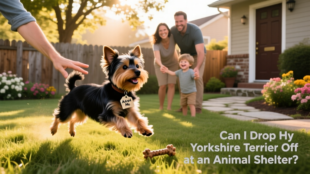 A happy Yorkshire Terrier playing in a sunlit backyard with her new family