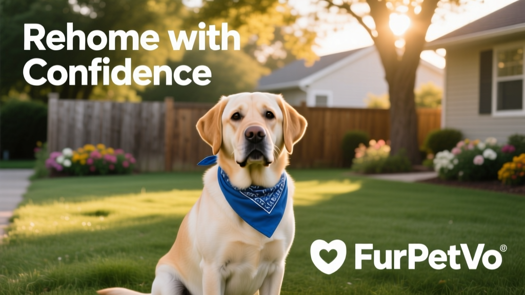 FurPetVo logo alongside a friendly Labrador wearing a blue bandana, with 'Rehome with Confidence' tagline