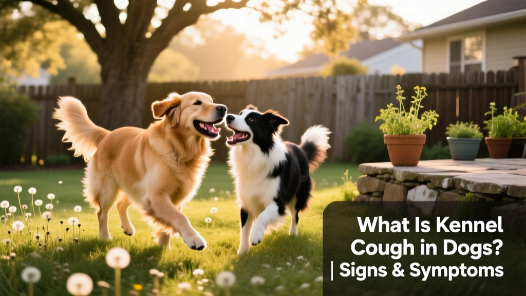 Two healthy dogs playing side-by-side in a sunny backyard, illustrating normal social interaction