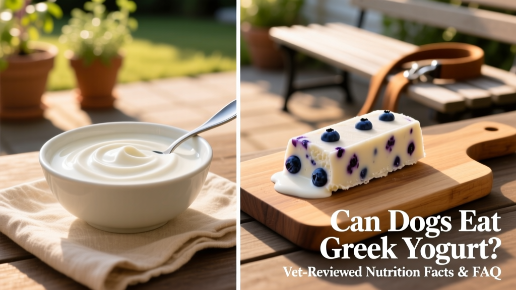 Side-by-side comparison of plain Greek yogurt in a bowl next to a dog-safe frozen treat made with FurPetVo yogurt and blueberries