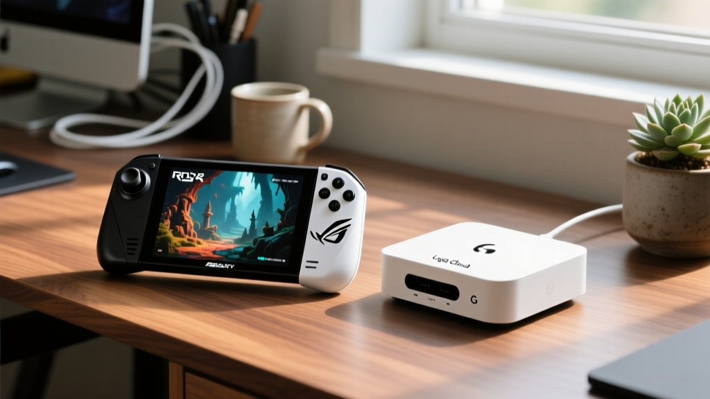 ASUS ROG Ally X handheld gaming device displaying an RPG next to a white Logitech G Cloud streaming device on a wooden desk