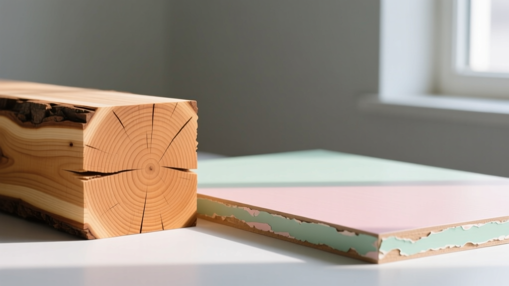 Macro cross-section showing layered grain of reclaimed pine wood next to a smooth MDF board with peeling vintage milk paint