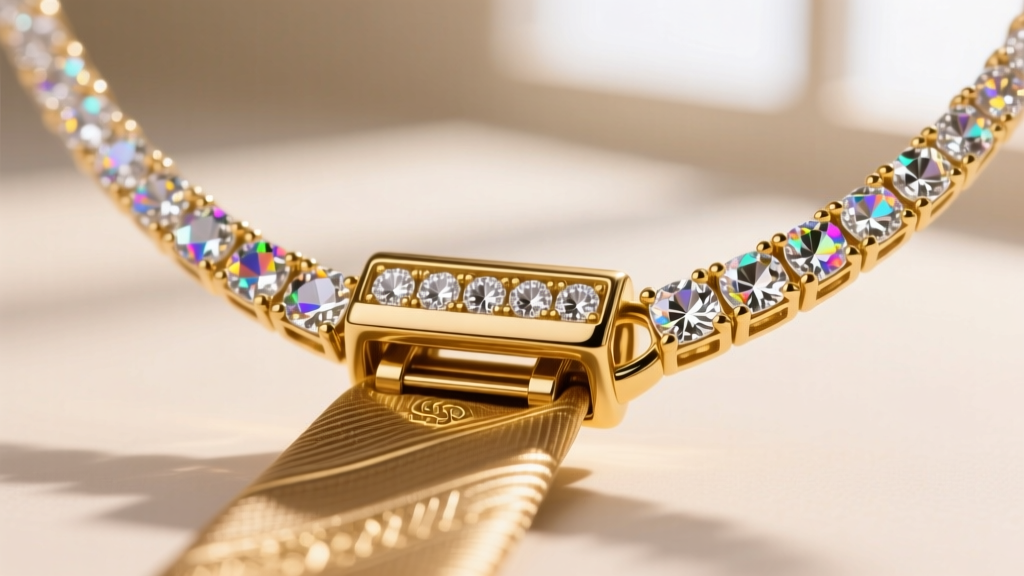 Macro close-up of a gold slider mechanism on a tie necklace, featuring precision-cut AAA cubic zirconia pave stones catching light