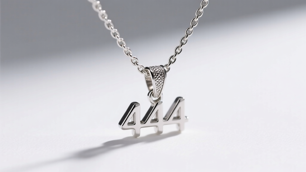 Close-up of a 925 silver 444 pendant sliding onto a 2mm rope chain, showing the seamless soldered bail and link texture.