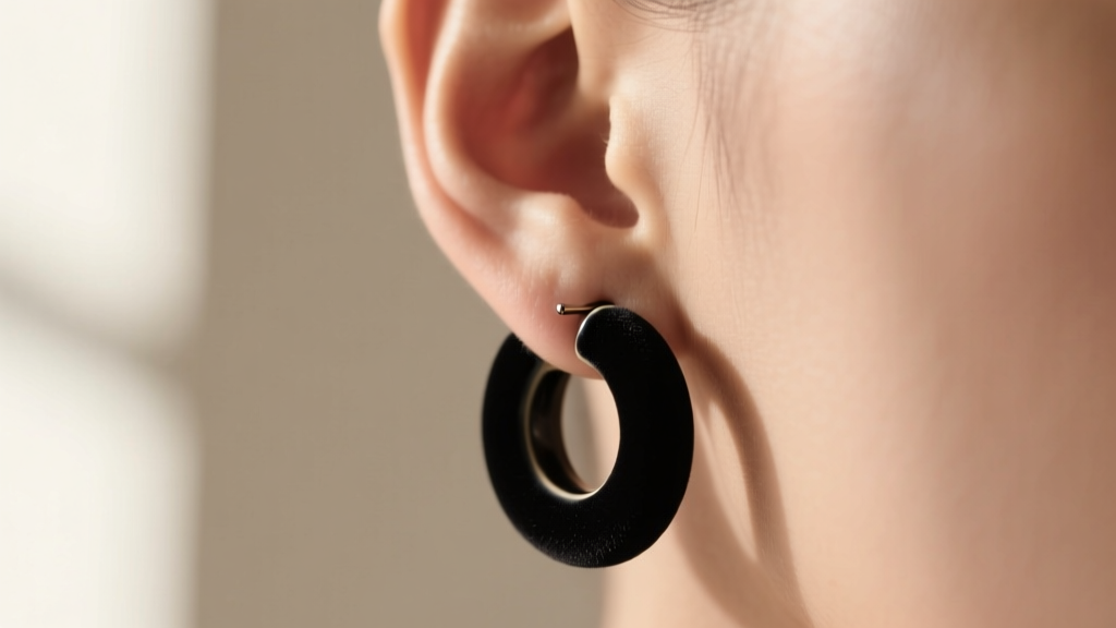 Close-up of 25mm matte black ceramic hoop earrings in a lobe piercing, soft studio lighting against a neutral background.