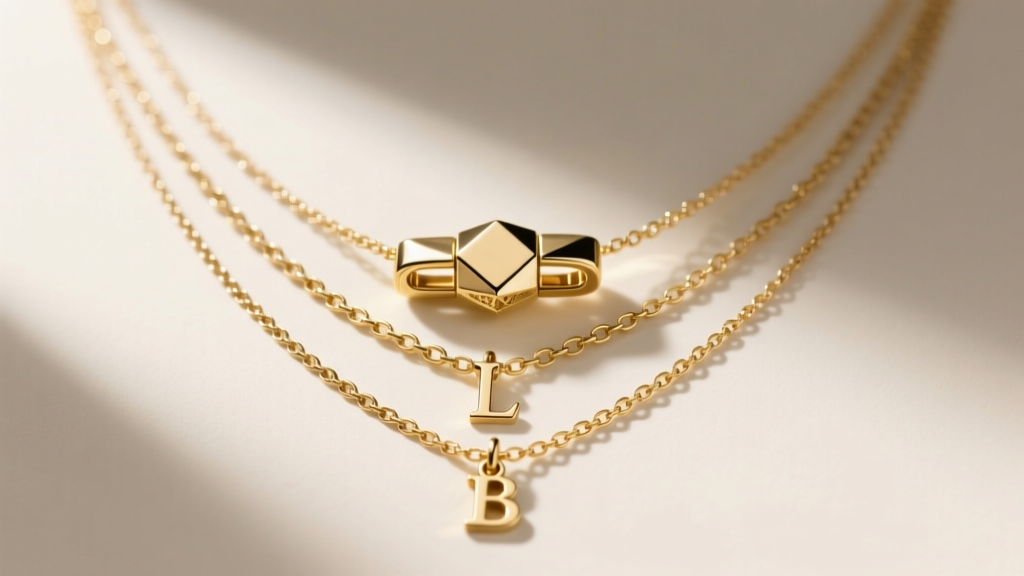 Gold spacer clasp securing three chains, demonstrating how to prevent tangling in a layered initial necklace stack.