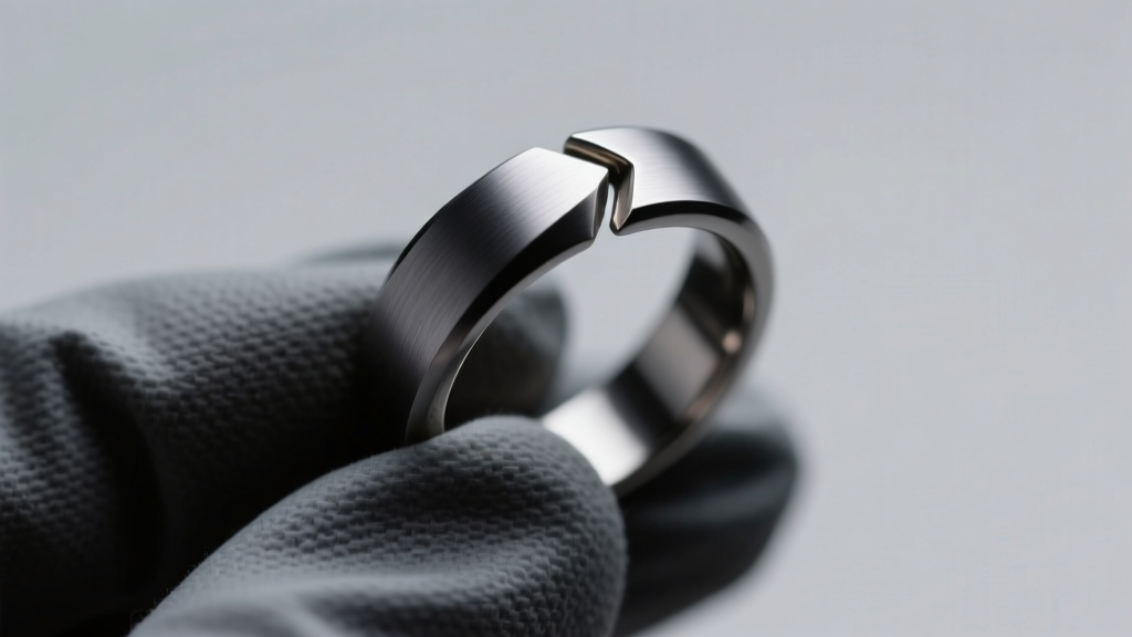 Macro shot of a 4-gauge niobium segment ring held by gloved fingers, highlighting the seamless joint and dark grey metal finish.