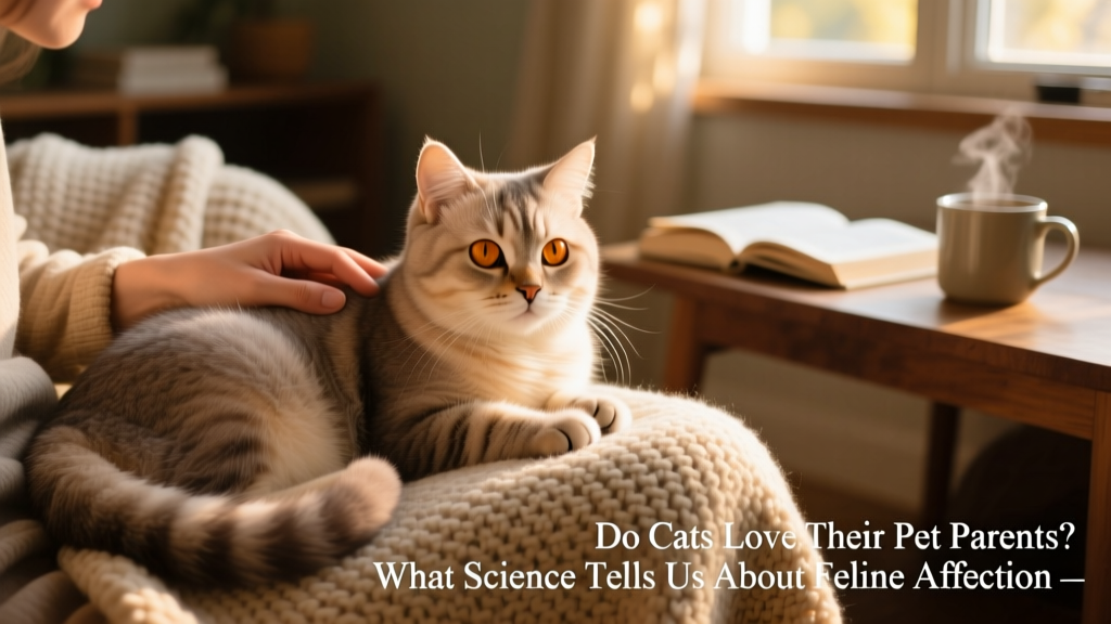 A relaxed cat making slow eye contact with its human while resting on a cozy lap