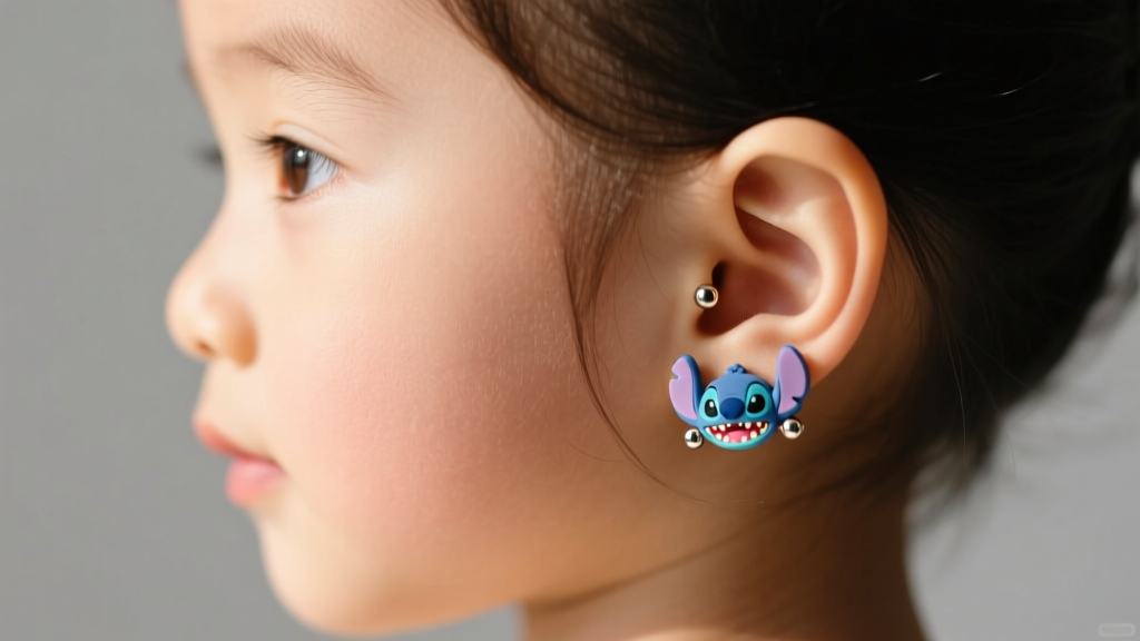 Side profile of a child wearing secure silicone-clutch Stitch stud earrings showing the post gauge thickness and backing clearance