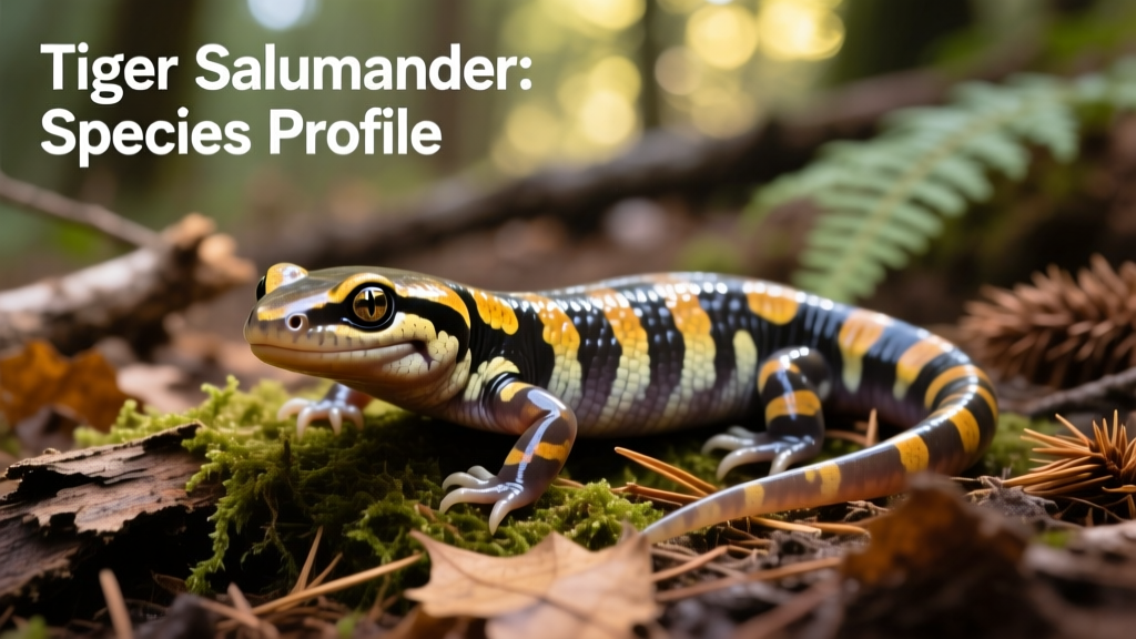 Healthy adult tiger salamander on a naturalistic substrate with clear eyes and smooth skin