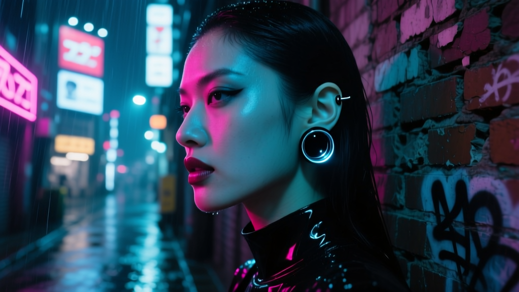 Cinematic portrait of a woman wearing 0-gauge black glass ear tunnels, lit by neon Tokyo streetlights in neo-grunge style