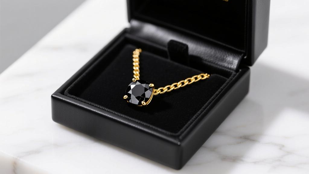 Open black leather box showing a 6mm 18k yellow gold Figaro chain with a cushion-cut black diamond cluster pendant on white marble.