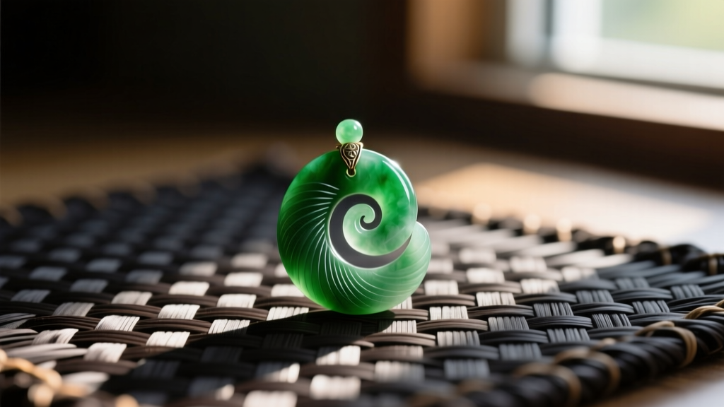 Hand-carved New Zealand Pounamu jade Koru pendant resting on dark woven flax, illuminated by soft, warm natural window lighting.