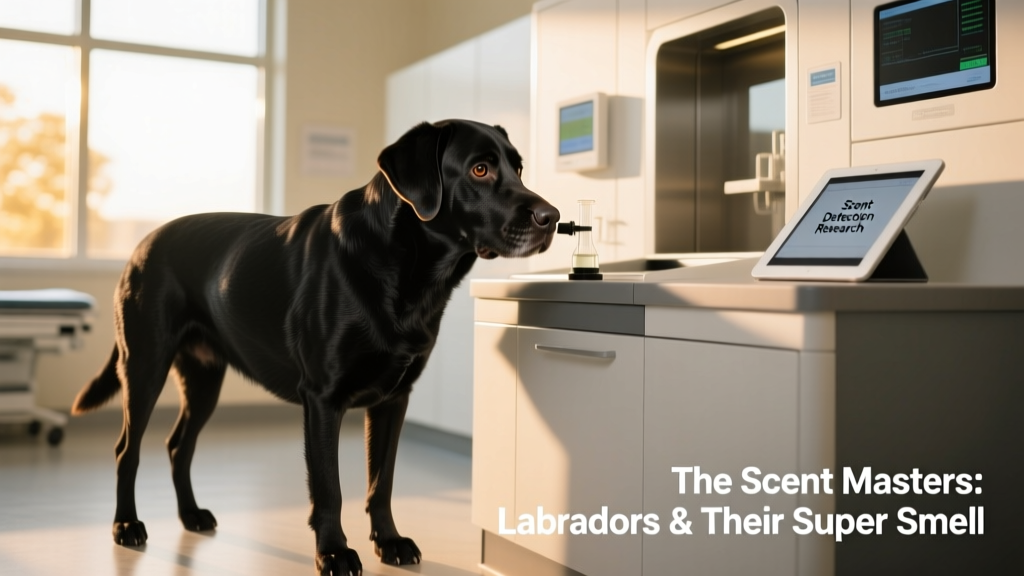 A Labrador Retriever alerting beside a medical screening station, nose engaged and posture attentive