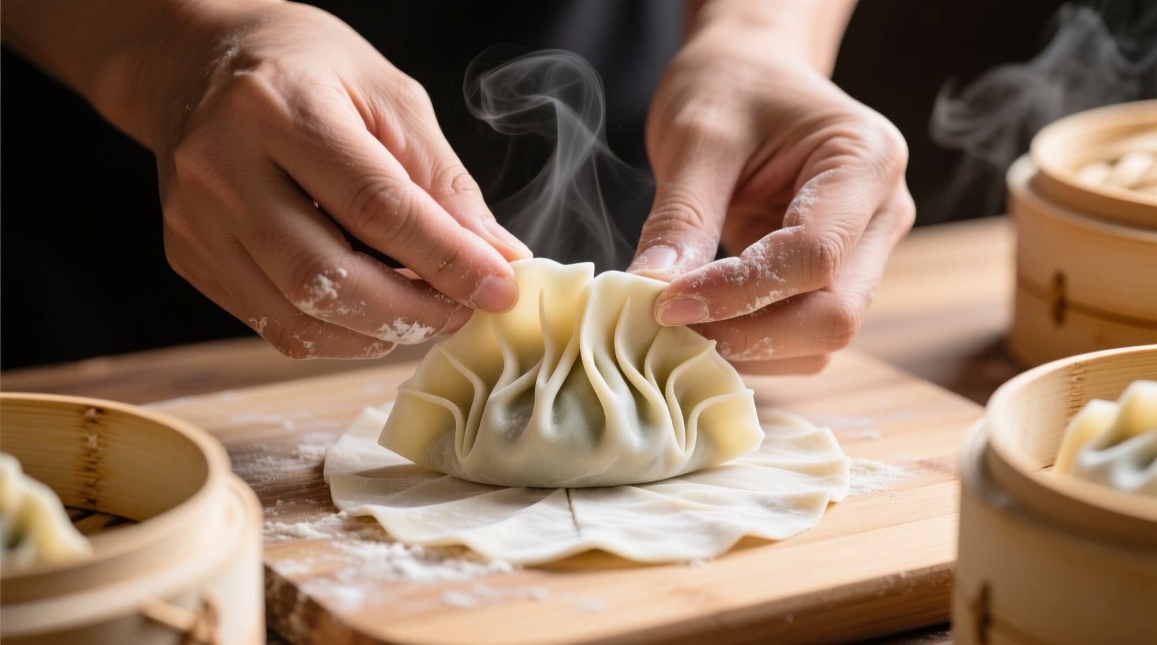 Hands folding perfect pleated dumpling wrapper